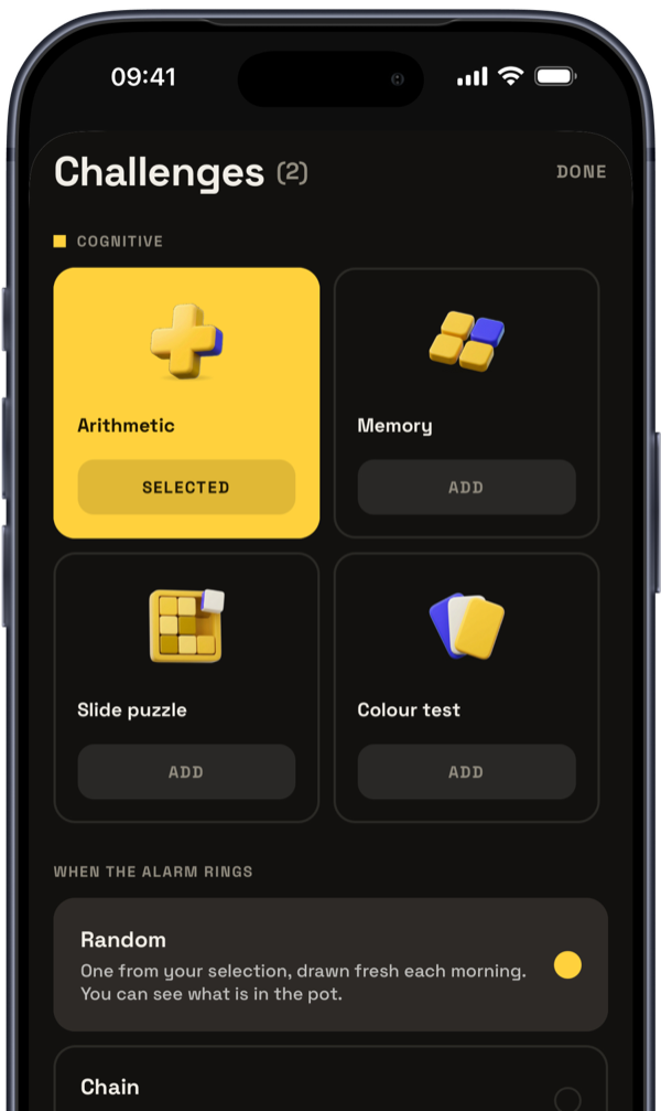 The picker for mind tasks in Gedup, with mental arithmetic selected.
