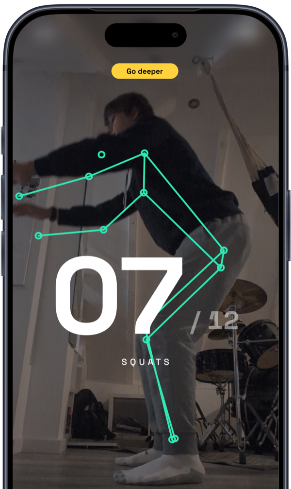 The challenge running: seven of twelve squats, the detected skeleton over the camera image and the hint to go deeper.